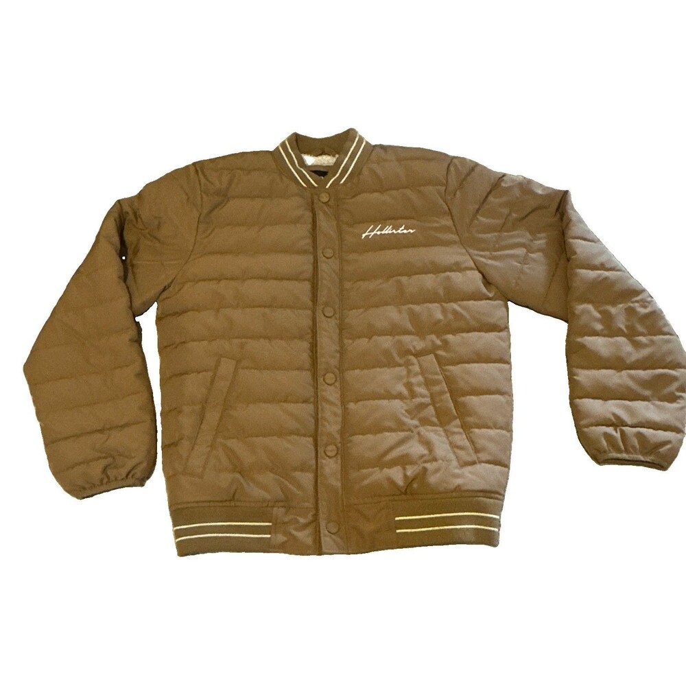 Hollister Mens Small Quilted Puffer Bomber Jacket Brown Sherpa Lined Snap